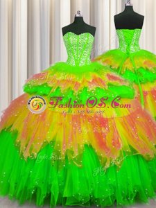 Superior Bling-bling Visible Boning Sweetheart Sleeveless Tulle 15 Quinceanera Dress Beading and Ruffles and Ruffled Layers and Sequins Lace Up