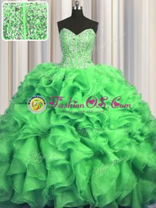 Visible Boning Bling-bling Lace Up Sweetheart Beading and Ruffles Quince Ball Gowns Organza Sleeveless Sweep Train
