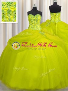 Really Puffy Yellow Green Lace Up Sweetheart Beading Quinceanera Gown Tulle Sleeveless