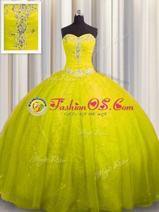 Sweetheart Sleeveless Quinceanera Gown Court Train Beading and Appliques Yellow Tulle and Sequined