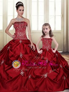Popular Wine Red Strapless Neckline Embroidery and Pick Ups Sweet 16 Quinceanera Dress Sleeveless Lace Up