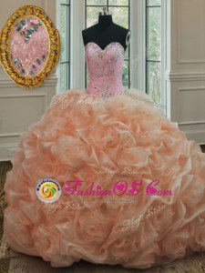 Peach Quince Ball Gowns Organza Sweep Train Sleeveless Beading and Pick Ups