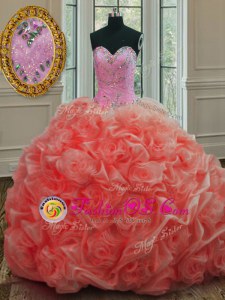 Watermelon Red Ball Gowns Sweetheart Sleeveless Organza Sweep Train Lace Up Beading and Pick Ups Vestidos de Quinceanera