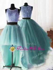 Dynamic Three Piece Scoop Apple Green Ball Gowns Beading and Ruffles 15th Birthday Dress Zipper Organza and Tulle and Lace Sleeveless With Train