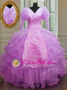 Lilac V-neck Zipper Ruffled Layers Quinceanera Dresses Long Sleeves