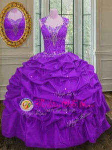 Sophisticated Purple Lace Up Straps Beading and Pick Ups Ball Gown Prom Dress Taffeta Sleeveless