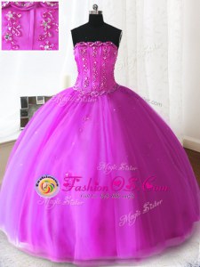 Fuchsia Ball Gowns Beading and Appliques Quince Ball Gowns Lace Up Tulle Sleeveless Floor Length