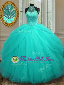 Halter Top Beading Quince Ball Gowns Aqua Blue Lace Up Sleeveless Floor Length
