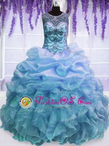 Scoop Blue Sleeveless Beading and Pick Ups Floor Length 15 Quinceanera Dress