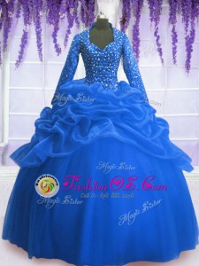 Chic Floor Length Blue Quince Ball Gowns Organza Long Sleeves Sequins and Pick Ups