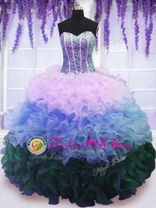 Customized Multi-color Ball Gowns Beading and Ruffles and Ruffled Layers 15th Birthday Dress Lace Up Organza Sleeveless Floor Length