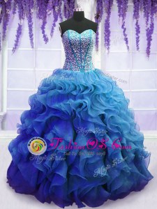 Blue Ball Gowns Sweetheart Sleeveless Organza Floor Length Lace Up Beading and Ruffles Quinceanera Dress