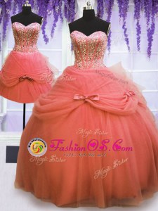 Dramatic Three Piece Sleeveless Floor Length Beading and Bowknot Lace Up 15 Quinceanera Dress with Watermelon Red