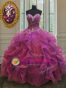 Organza and Sequined Sleeveless Floor Length 15 Quinceanera Dress and Beading and Ruffles