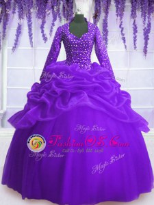 Amazing Purple V-neck Zipper Sequins and Pick Ups 15 Quinceanera Dress Long Sleeves