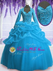 V-neck Long Sleeves Quince Ball Gowns Floor Length Sequins and Pick Ups Baby Blue Organza
