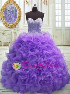 Elegant Purple Ball Gowns Organza Sweetheart Sleeveless Beading and Ruffles Lace Up 15th Birthday Dress Sweep Train