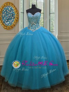 Modest Teal Sleeveless Tulle Lace Up Quinceanera Dress for Military Ball and Sweet 16 and Quinceanera