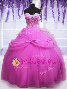 Traditional Sleeveless Tulle Floor Length Lace Up 15th Birthday Dress in Lilac for with Beading and Sequins and Bowknot