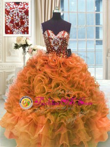 Pretty Sleeveless Organza Floor Length Lace Up Vestidos de Quinceanera in Orange for with Ruffles