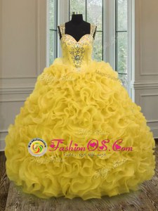 Gold Organza Zipper 15th Birthday Dress Sleeveless Floor Length Beading and Ruffles