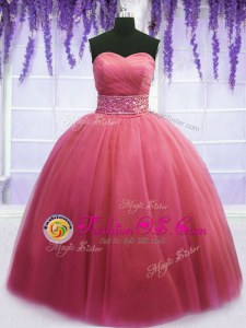 Pink Ball Gowns Beading and Belt Vestidos de Quinceanera Lace Up Tulle Sleeveless Floor Length