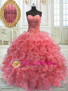 Super Watermelon Red Sleeveless Floor Length Beading and Ruffles Lace Up Sweet 16 Dresses