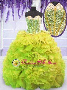 Yellow Green Quince Ball Gowns Organza Sweep Train Sleeveless Beading and Ruffles