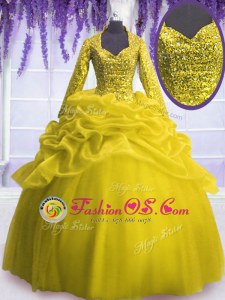 High Class Yellow Long Sleeves Floor Length Sequins and Pick Ups Zipper 15 Quinceanera Dress