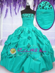 Deluxe Mermaid Strapless Sleeveless 15th Birthday Dress Floor Length Embroidery and Pick Ups Aqua Blue Taffeta