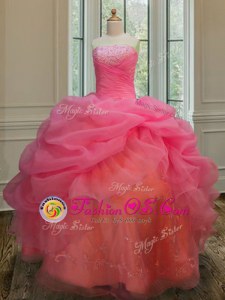 High Class Beading and Embroidery and Hand Made Flower 15th Birthday Dress Hot Pink Lace Up Long Sleeves Floor Length