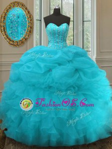 Ideal Floor Length Aqua Blue Sweet 16 Dress Organza Sleeveless Beading and Ruffles and Pick Ups