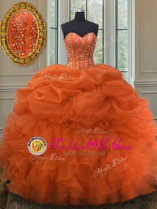 Orange Red Sweet 16 Quinceanera Dress Military Ball and Sweet 16 and Quinceanera and For with Beading and Ruffles and Pick Ups Sweetheart Sleeveless Lace Up