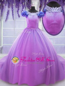 Scoop Lilac Ball Gowns Hand Made Flower Quinceanera Gowns Lace Up Tulle Short Sleeves Floor Length