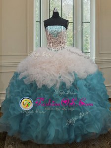 Ball Gowns Quinceanera Dresses Blue And White Strapless Organza Sleeveless Floor Length Lace Up