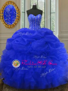 Royal Blue Sleeveless Beading and Ruffles and Pick Ups Floor Length 15th Birthday Dress