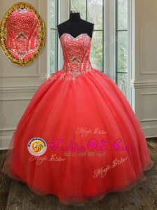 Coral Red Sleeveless Floor Length Beading Lace Up Vestidos de Quinceanera