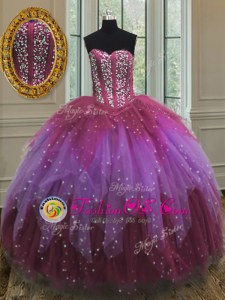 Pretty Multi-color Ball Gowns Sweetheart Sleeveless Tulle Floor Length Lace Up Beading and Ruffles and Sequins Sweet 16 Dresses