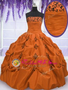 Top Selling Sleeveless Taffeta Floor Length Lace Up Vestidos de Quinceanera in Orange Red for with Embroidery and Pick Ups