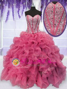 Stunning Coral Red Organza Lace Up Sweet 16 Dress Long Sleeves Floor Length Beading and Embroidery