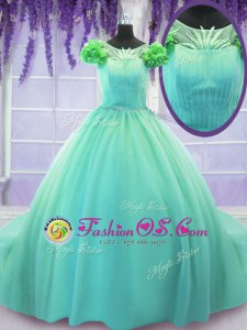 Affordable Scoop Turquoise Short Sleeves Tulle Court Train Lace Up Sweet 16 Dress for Military Ball and Sweet 16 and Quinceanera