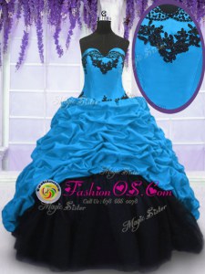 Admirable Taffeta Sweetheart Sleeveless Sweep Train Lace Up Appliques and Pick Ups Quinceanera Dresses in Blue
