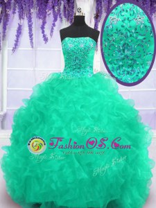 New Arrival Brush Train Ball Gowns Quinceanera Dress Turquoise Strapless Organza Sleeveless With Train Lace Up