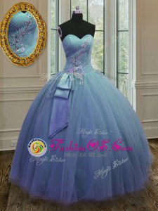 Extravagant Light Blue Sleeveless Floor Length Appliques Lace Up Sweet 16 Quinceanera Dress