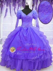 Elegant Purple Ball Gowns Beading and Embroidery and Hand Made Flower Sweet 16 Dresses Lace Up Organza Long Sleeves Floor Length