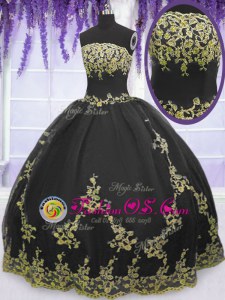Floor Length Black Quinceanera Gown Tulle Sleeveless Appliques