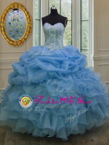 Floor Length Lace Up Quince Ball Gowns Blue and In for Military Ball and Sweet 16 and Quinceanera with Beading and Pick Ups