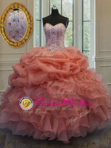 Pick Ups Ball Gowns Quinceanera Gown Orange Red Sweetheart Organza Sleeveless Floor Length Lace Up