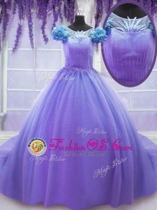 Tulle Scoop Short Sleeves Court Train Lace Up Hand Made Flower Quince Ball Gowns in Lavender