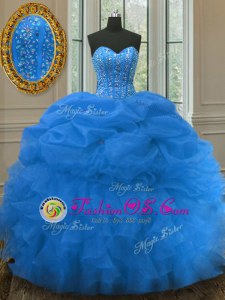 Comfortable Four Piece Blue Ball Gowns Ruffles and Sequins Sweet 16 Dresses Lace Up Organza Sleeveless Floor Length